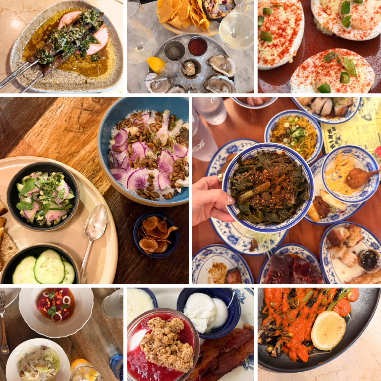 Collage of food photos from Charleston restaurants - Estadio, The Ordinary, The Darling, Sonder Wine Bar, King BBQ, Beautiful South, Poogan's Porch, and Chubby Fish